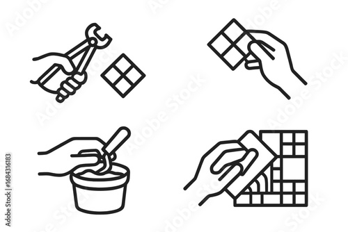 Mosaic Art Tools Icons, Outline Set of Hands Crafting Mosaic Tiles, Tile Cutter, Mosaic Tile, Grout Bucket, Trowel, Adhesive Application, Vector Cartoon Illustration