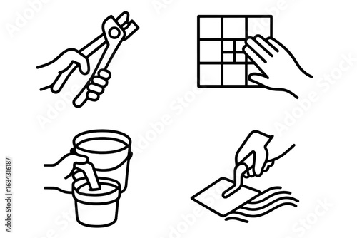 Mosaic art tools icons set, outline hands using mosaic tile cutter, mosaic tiles, grout bucket, trowel with adhesive for mosaic making and tile installation, vector illustration