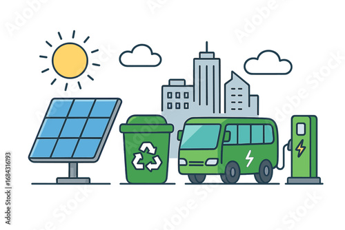 Visual representation of sustainable energy concepts highlighting solar power, recycling, green transportation initiatives, electric vehicle charging, and eco-friendly urban living, vector cartoon