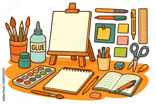 Creative workspace with art supplies for drawing and painting. Artist desk with stationery, easel, sketchbook, and tools for students. Back to school hobby concept illustration.