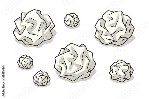 Crumpled paper balls vector set. Wastepaper and garbage concept for mistakes and failed ideas. Office brainstorming, creativity block metaphor. Trash, rubbish and recycling.