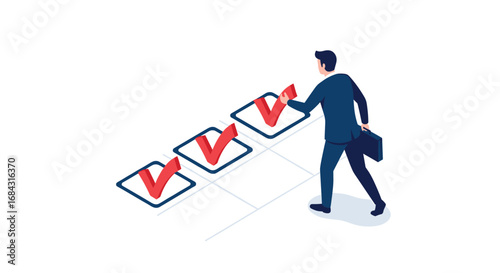 Confident businessman checks off tasks in a modern isometric checklist, signifying success and productivity.