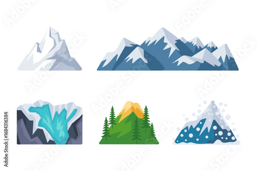 Snowy mountain range icons, icy glacier formations, forested valley scenes, panoramic nature vistas, alpine environment illustration collection