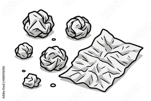 Set of crumpled paper sheets and paper balls. Metaphor for discarded ideas, mistakes, creative block, or recycling. Office waste and clutter concept. Vector cartoon illustration.