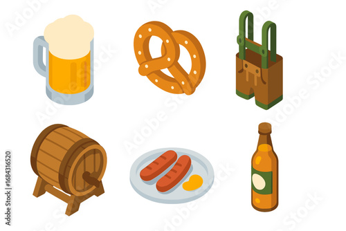 Oktoberfest Icon Set with Isometric Flat Design Featuring Beer Mug, Pretzel, Lederhosen, Beer Barrel, Sausage Plate, and Beer Bottle Vector Cartoon Illustration