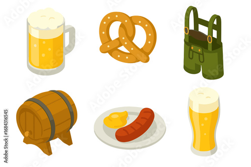 Isometric Flat Vector Icon Set of Oktoberfest Celebration with Beer Mug, Pretzel, Lederhosen, Beer Barrel, Sausage Plate, and Beer Glass Cartoon Illustrations