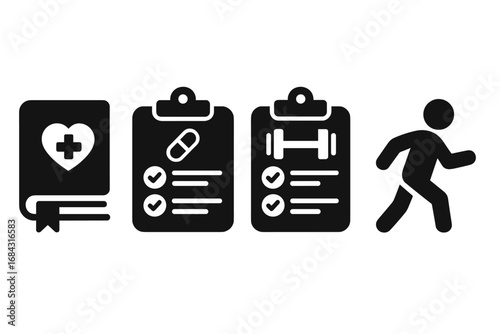Patient Empowerment Icons Solid Filled Vector Set with Health Journal, Medication Schedule, Fitness Plan, and Walking Figure Illustration for Wellness and Healthcare Tools