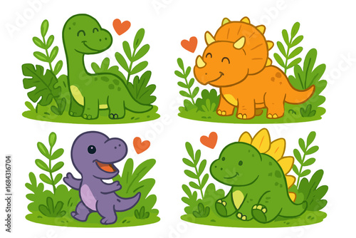 Cute cartoon dinosaur set. Vector collection of kawaii dino characters for kids. Prehistoric animals T-rex, triceratops, stegosaurus in love with plants and hearts.