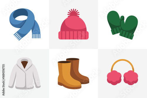 Outdoor winter outfit icons, parka coat, warm boots, pompom hat, mittens, earmuffs, snowy day clothing essentials