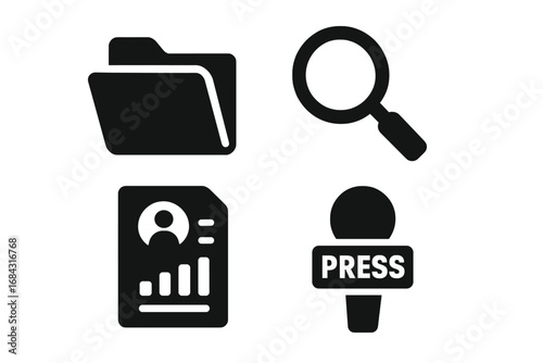 Political Transparency Icons Set with Open Folder, Magnifying Glass, Report, and Press Microphone, Solid Filled Vector Symbols for Governance, Media and Investigation Concepts