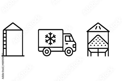 Outline icon set of post-harvest storage and logistics including grain silo, refrigerated truck, storage bin, agriculture supply chain, farm produce preservation vector illustration