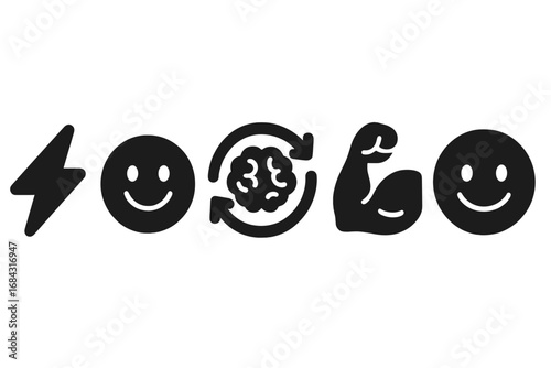 Power nap icons solid filled vector set of benefits including energy bolt, happy face, brain refresh, muscle recovery, positive mood, and wellness cartoon illustrations