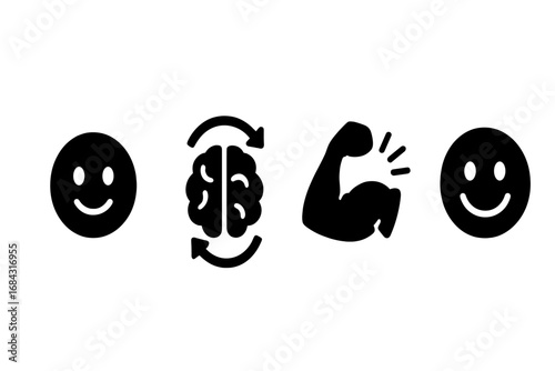 Power Nap Icons Solid Filled Vector Set Depicting Benefits of Power Naps with Energy Bolt, Happy Faces, Brain Refresh, Muscle Recovery, and Positive Mood Illustrations