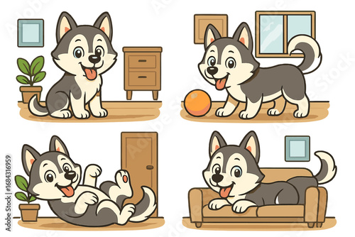 Cute cartoon husky dog character set. Adorable siberian puppy in various playful poses at home. Vector pet animal illustration collection for kids. Happy funny doggy emotions.