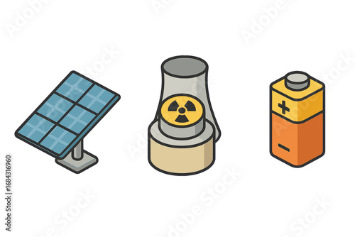 Isometric Power Generation Icons Vector Set with Solar Panel Array, Nuclear Reactor Core Symbol, and Battery Illustration for Energy and Distribution Concepts