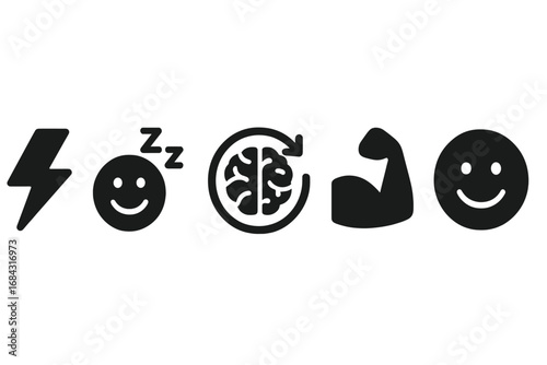 Power Nap Benefits Icon Set with Energy Bolt, Happy Face, Brain Refresh Cycle, Muscle Recovery, and Smiley Face Symbols for Wellness and Energy Boost Vector Illustration