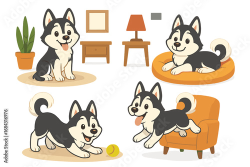 Set of cute cartoon husky puppies. Happy siberian husky dog character in playful poses indoors. Pet sitting, playing with ball, jumping on chair, lying on dog bed. Vector.