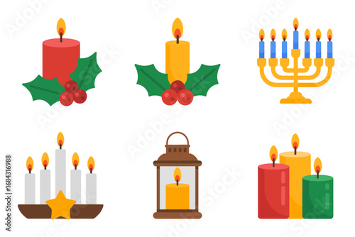 Decorative candle lantern and pillar vector illustrations, rustic lanterns, holiday candles with holly leaves, cozy centerpiece, warm glow, festive mood