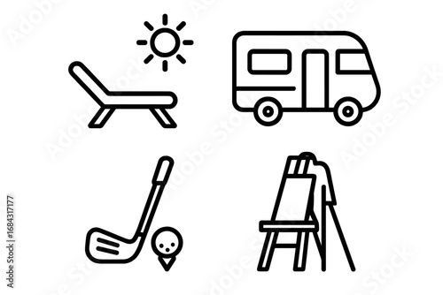 Retirement lifestyle icons grid with outline beach lounger sun, RV camper van, golf club tee ball, art easel painting and volunteer activities vector cartoon set