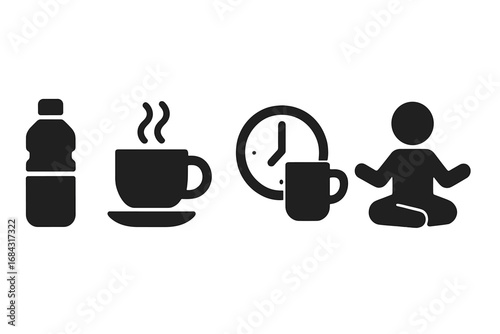 Self-care icon set with water bottle, coffee cup, break time clock, meditation figure. Solid filled vector cartoon illustration of multitasking wellness, relaxation, health habits