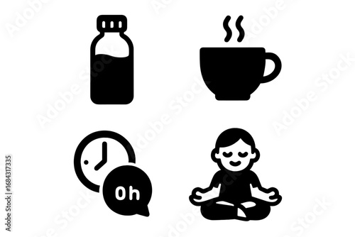Solid Black Self-Care Icon Set of Multitasking Wellness Symbols Including Water Bottle, Coffee Cup, Break Time Clock, and Meditation Pose Vector Cartoon Illustration