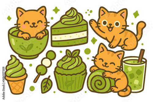 Cute cat and matcha green tea sweets. Kawaii kitten character with Japanese dessert food. Vector icon set with cake, cupcake, ice cream, dango, and drink. Cartoon illustration.