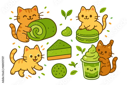 Cute cats and matcha green tea dessert collection. Kawaii cartoon kittens with Japanese sweets like roll cake, macaron, ice cream. Vector food illustration, funny animal character set.