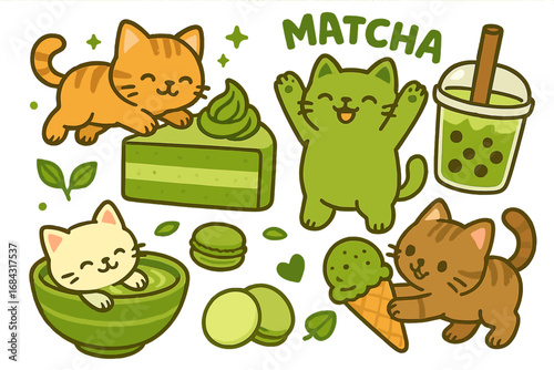 Cute cats and matcha green tea sweets set. Kawaii kittens with cake, boba tea, ice cream, and macarons. Vector cartoon character illustration collection for food lovers.