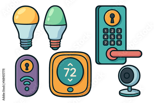 Smart home devices vector collection including smart bulbs, thermostats, keyless locks, security cameras, remote controls in colorful cartoon style for home automation and IoT