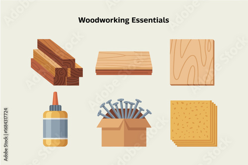 Woodworking tools and material vector illustrations, planks, nails, glue, sandpaper, essential carpentry items, construction workshop equipment, crafting design elements