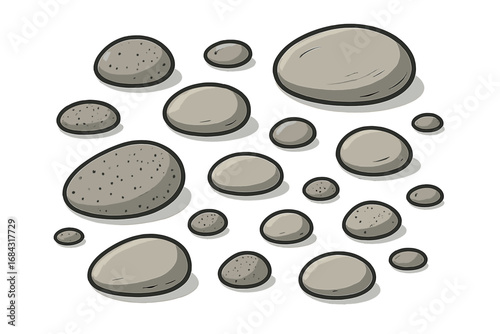 Smooth and textured pebbles in various sizes scattered on a white background, simple elegant natural stone design, vector cartoon illustration for nature, relaxation, zen concepts