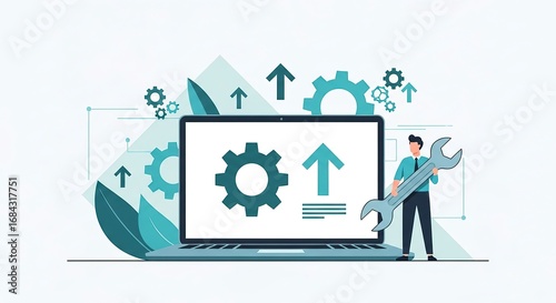 Person with wrench and laptop graphic design