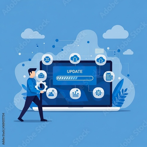 Person walking past laptop with update process