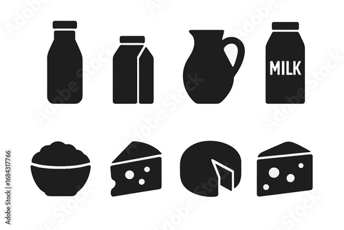 Dairy product silhouette icon set. Solid filled milk and cheese symbols. Vector illustration collection of farm food like bottle, carton, jug, yogurt and various cheese.