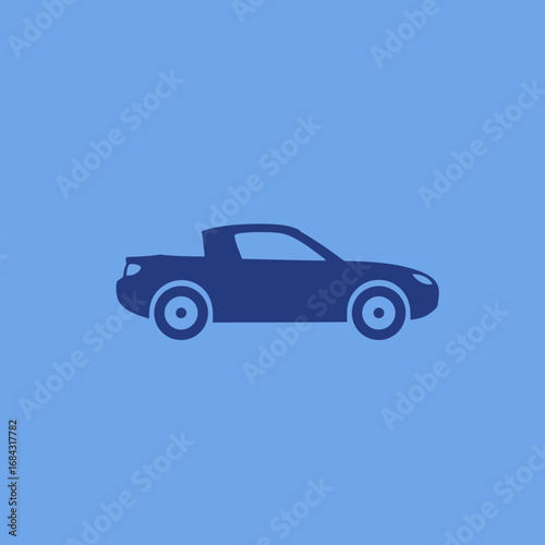 Side view of a dark blue silhouette of a pickup car, profile view.