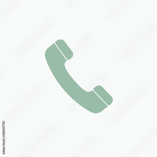 A simple, flat design icon of a classic telephone handset in a muted sage green color on a plain background.