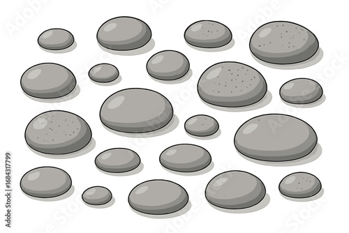 Smooth and textured pebbles in various sizes scattered on white background, minimalist natural stone design, vector cartoon illustration with realistic shadows and detail