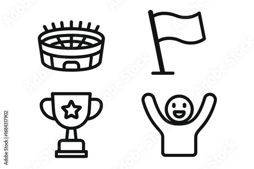 Sports Icons Collection Outline Set with Stadium Silhouette, Victory Flag Hoist, Trophy Cup, and Cheering Fan Figure - Vector Cartoon Illustration for Sports and Team Celebration
