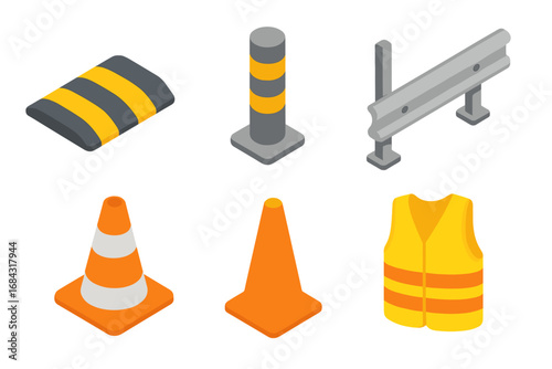 Isometric Flat Street Safety Icons Vector Set Including Speed Bump, Bollard, Guardrail, Traffic Cones, Reflective Safety Vest, Cartoon Style Illustration