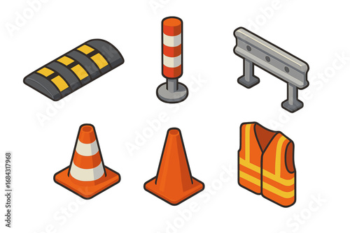 Isometric Street Safety Icon Set with Speed Bump, Traffic Bollard, Guardrail, Traffic Cones, Reflective Safety Vest, Vector Cartoon Illustration for Road and Construction Safety