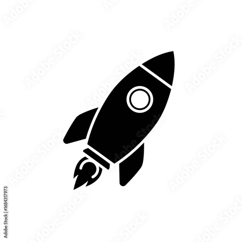 A black silhouette of a rocket ship blasting off with flames coming from its engines, set against a white background.