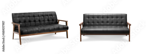 3d realistic vector icon illustration. Black leather sofa in side and front view. isolated on white bakground.