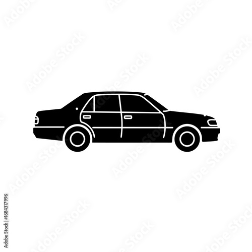 Black silhouette of a sedan car on a white background.