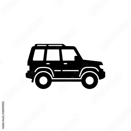 Black and white vector graphic of a four-wheel drive SUV, a symbol of off-road travel.