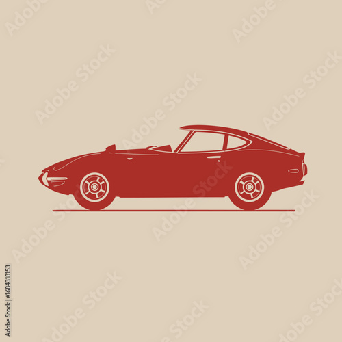 Red vintage car illustration on beige background, side view.