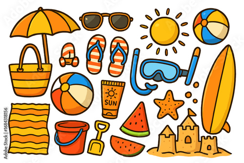 Summer beach essentials and fun activities for sunny ocean days. Vector cartoon illustration with flip-flops, sunglasses, umbrella, beach ball, snorkel gear, sandcastle and watermelon