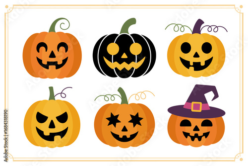 Playful jack o lantern illustrations, assorted pumpkin characters, grinning faces, spooky costumes, witch hat, smiling scary expressions, seasonal Halloween icons