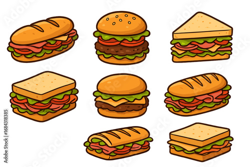 Vector set of various sandwiches and burgers. Cartoon fast food illustration collection. Hamburger, cheeseburger, sub, deli and club sandwich for menu, lunch, snack concepts.