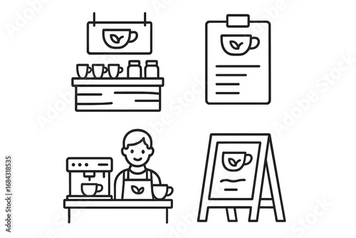 Tea Shop Icon Set, Outline Vector of Tea and Café Elements with Counter Display, Menu Board, Barista Station, Chalkboard Sign, Tea Cup Logo, Cozy Café Design