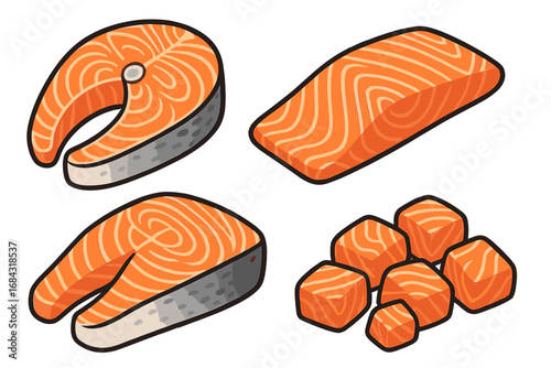 Salmon cuts vector illustration set. Fresh raw fish steak, fillet, and diced cubes for cooking. Seafood ingredient for healthy diet, sushi, or poke. Cartoon icon collection.